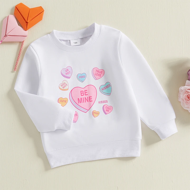 

Cute Girls Valentine s Day Heart Print Sweatshirt with Long Sleeves and Loose Fit Round Neck Pullover