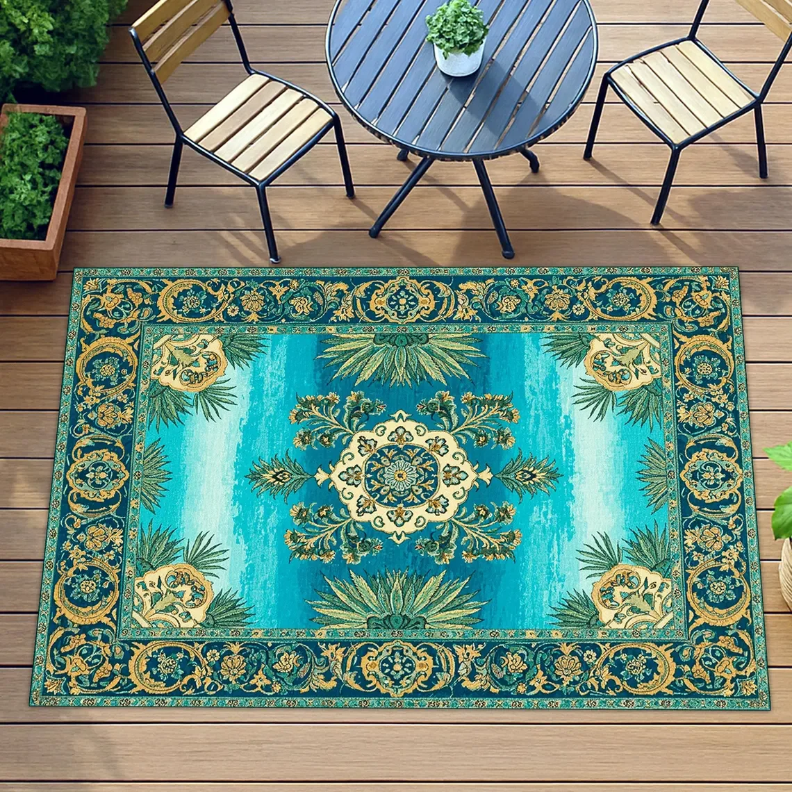 Blauer barocker Outdoor-Teppich, eleganter mediterraner Terrassenteppich, waschbare verzierte Gartenmatte, wetterfeste Balkondekoration