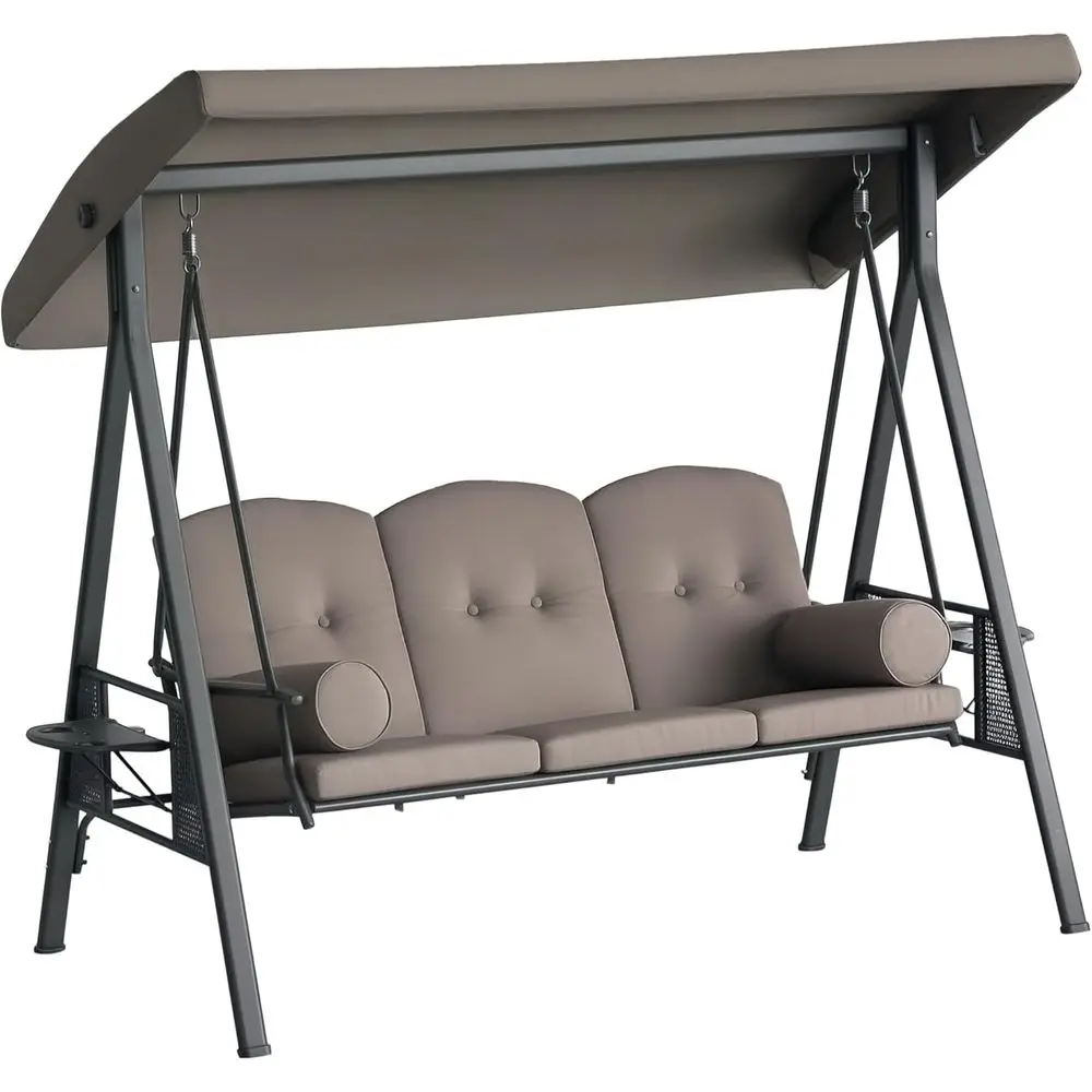 

3-Seat Patio Swing Chair, Outdoor Porch Swing Glider with Adjustable , Removable Cushion, Pillows and Side Trays, or Garden, Poo