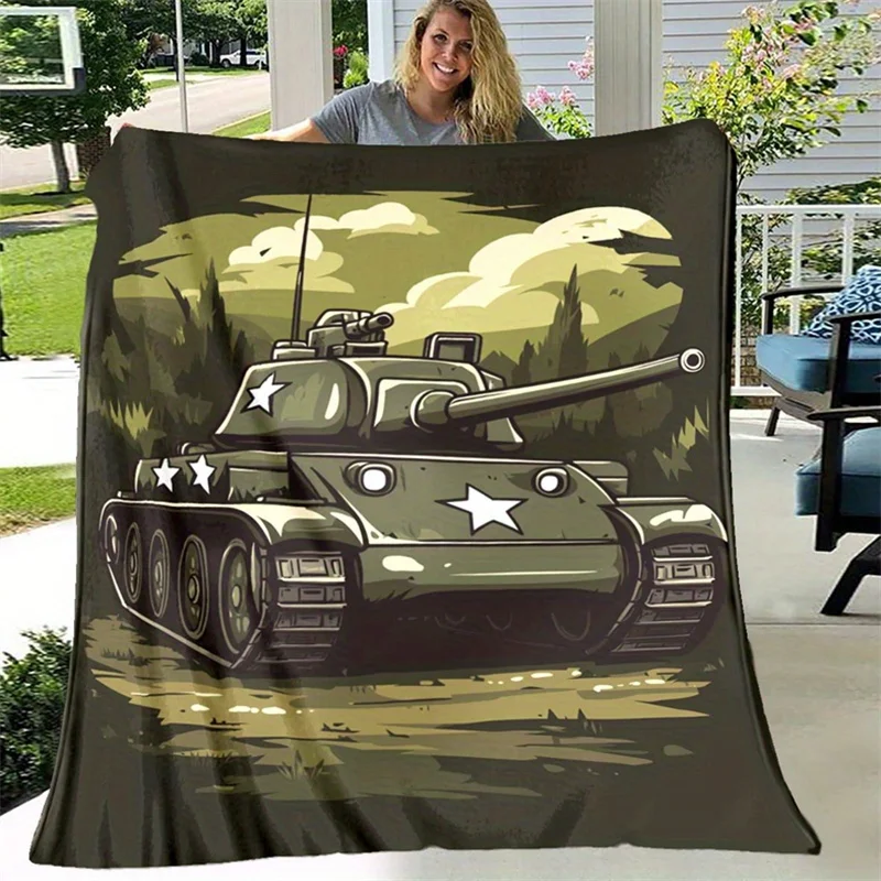 Camouflage Style Army Tank Forest Scenery Pattern Flannel Fleece Blanket Warm Plush Bed Throw for Living Room Office Travel