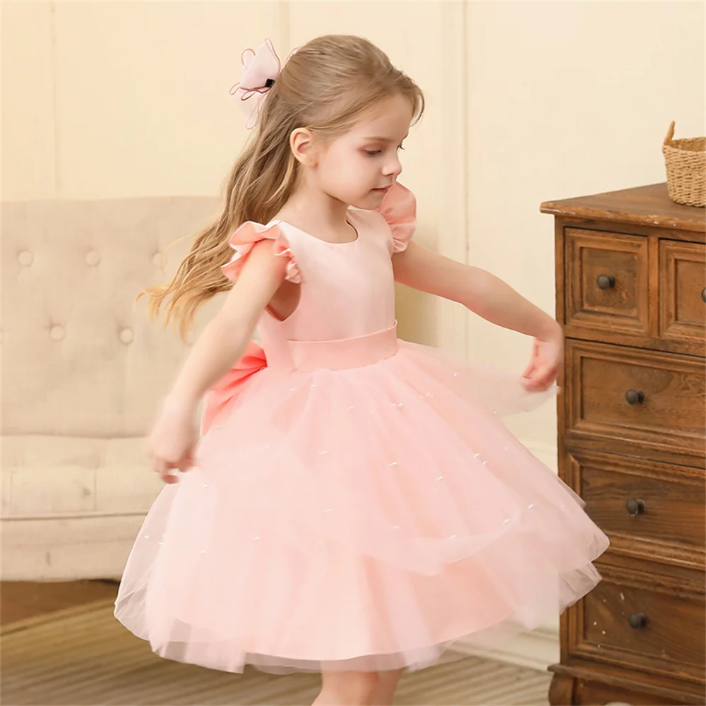 

2026 Toddler Girl Flower Birthday Dress Backless Bow Wedding Gown Kids Party Wear Princess Blue Dress Baby Girl Bowknot Dresses