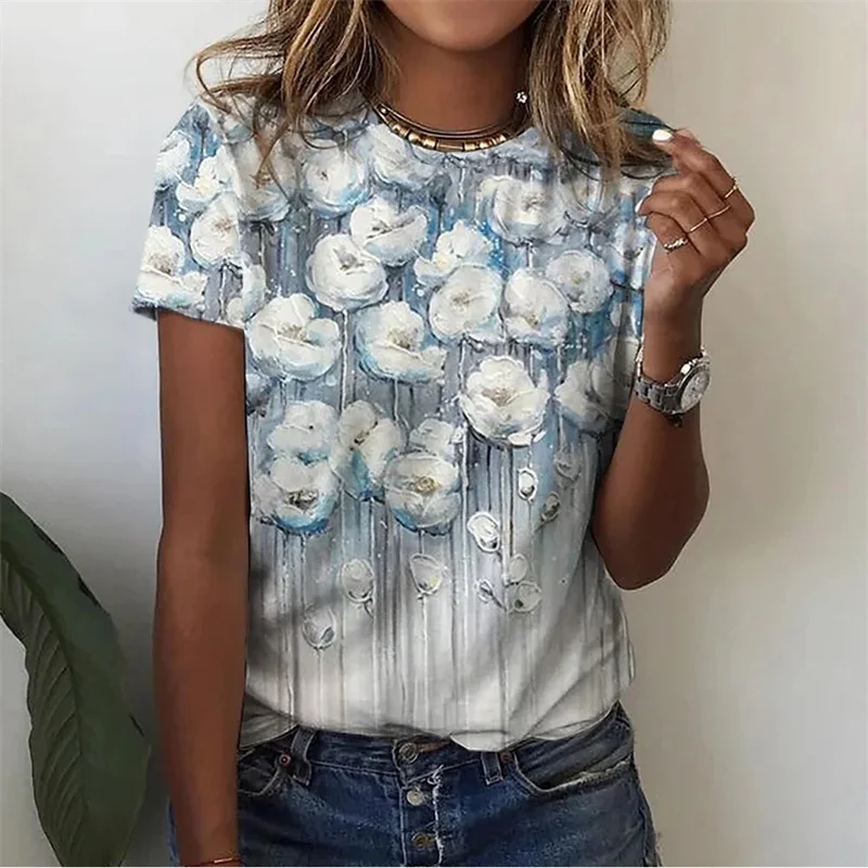 Floral Plants Pattern T-Shirt For Women Flower 3D Printed T Shirts Summer Casual Round Neck Tops Short Sleeves Oversized Tees