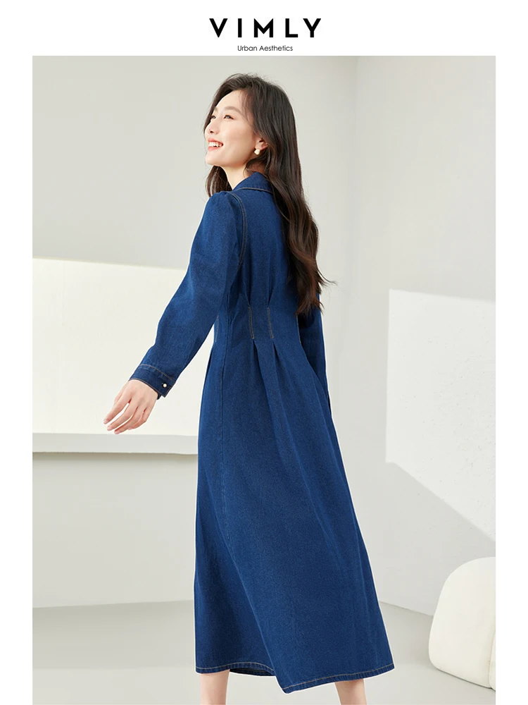 Vimly Women Cotton Washed Denim Dress Spring 2024 Retro Long Sleeves Button Up A-line Fitted Midi Dresses Woman Clothing 72981