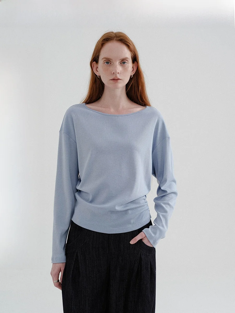 CHACHA Gentle Texture Linen Minimalist Shoulder Drop Lazy Folded Waist One-Shoulder T-Shirt Women's Loose Fit Long Sleeve