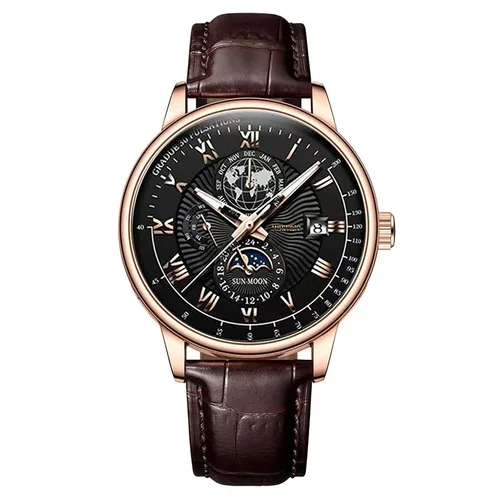 Imagen 2 del producto 2025 Reloj para hombre Cronógrafo Patrón de fase lunar Luminoso Top Reloj de pulsera deportivo de lujo para hombre Relojes de cuarzo de cuero para hombre Reloj informal