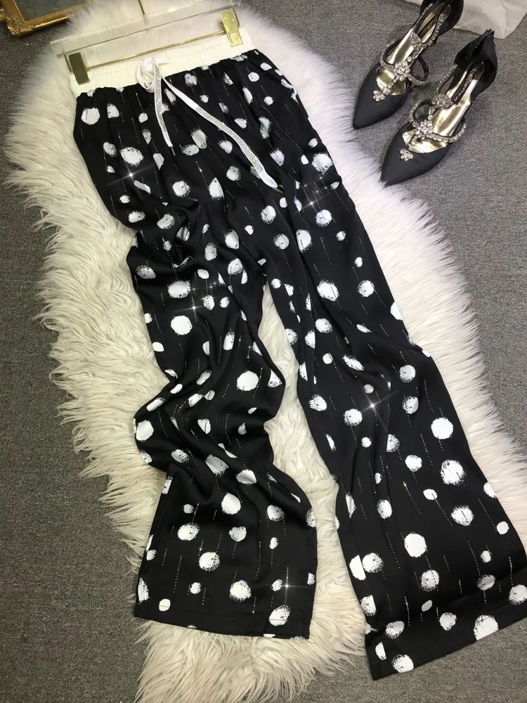 

Hot Drilling Trousers Women Elastic Waist Polka Dot Straight Pants 2024 Summer Lightweight Breathable Versatile Casual Pants