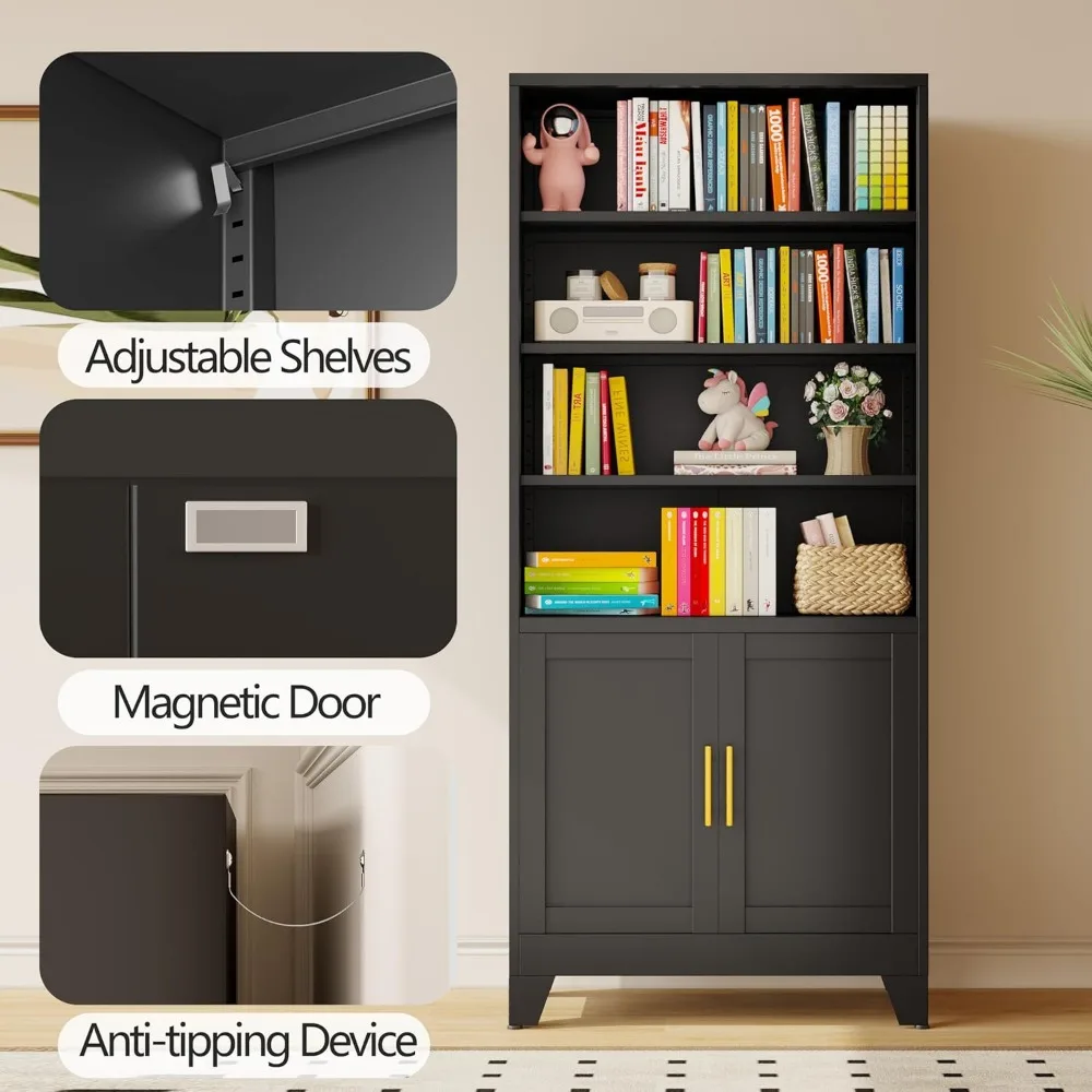 71 خزانة كتب معدنية وأرفف كتب مع بابين و4 أرفف قابلة للتعديل، وخزانة تخزين سوداء طويلة، وشاشة صناعية حديثة مفتوحة