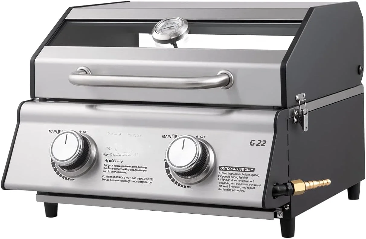 Outdoor Camping Cooking, Two 15,000 BTU Burners, Stainless Steel, and Built-in Thermometer