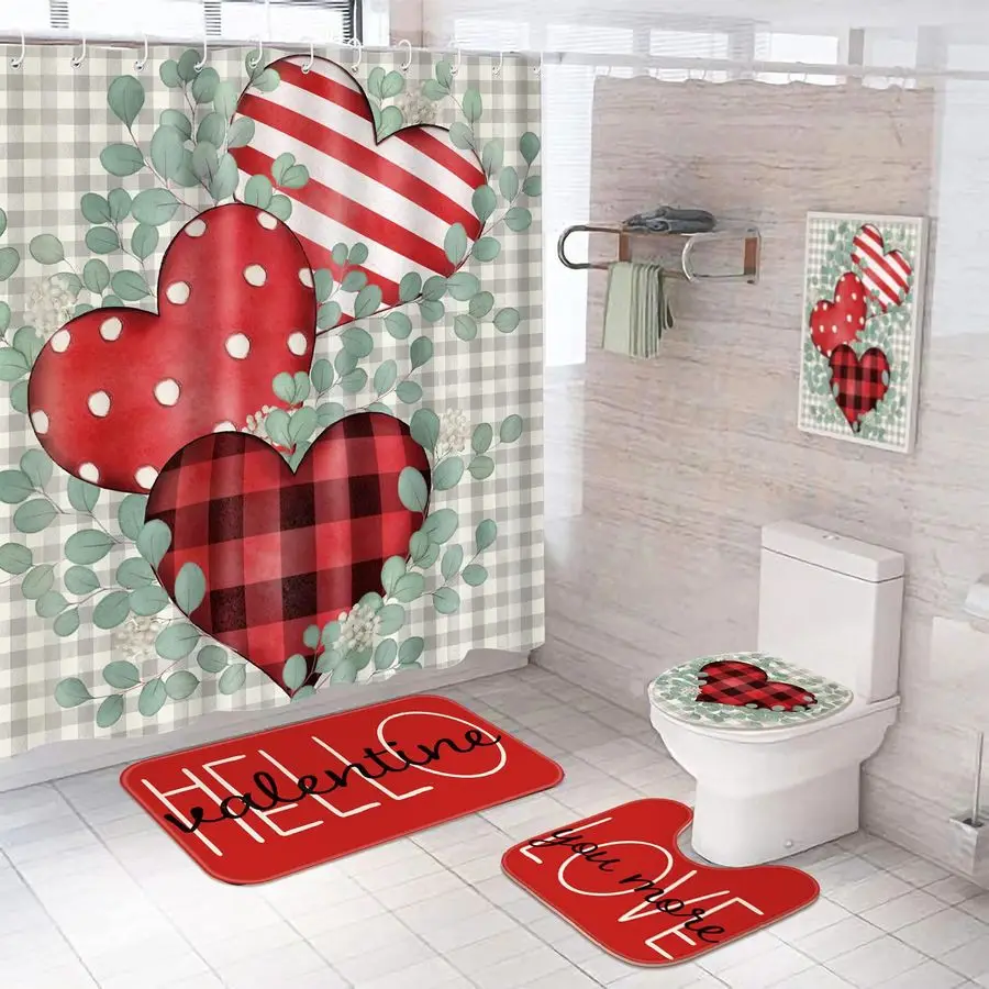 

4 Pieces Valentines Day Shower Curtain Set Valentine Bathroom Decor Hearts Sweet Love Couple Lover Watercolor Fabric with Non Sl