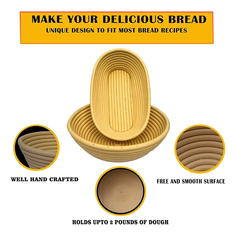 Bread Proofing Basket SET of 2 with Starter Kit-Round and Ovel Bread Baking Bowl Tools -Bread Lame- Dough Scraper