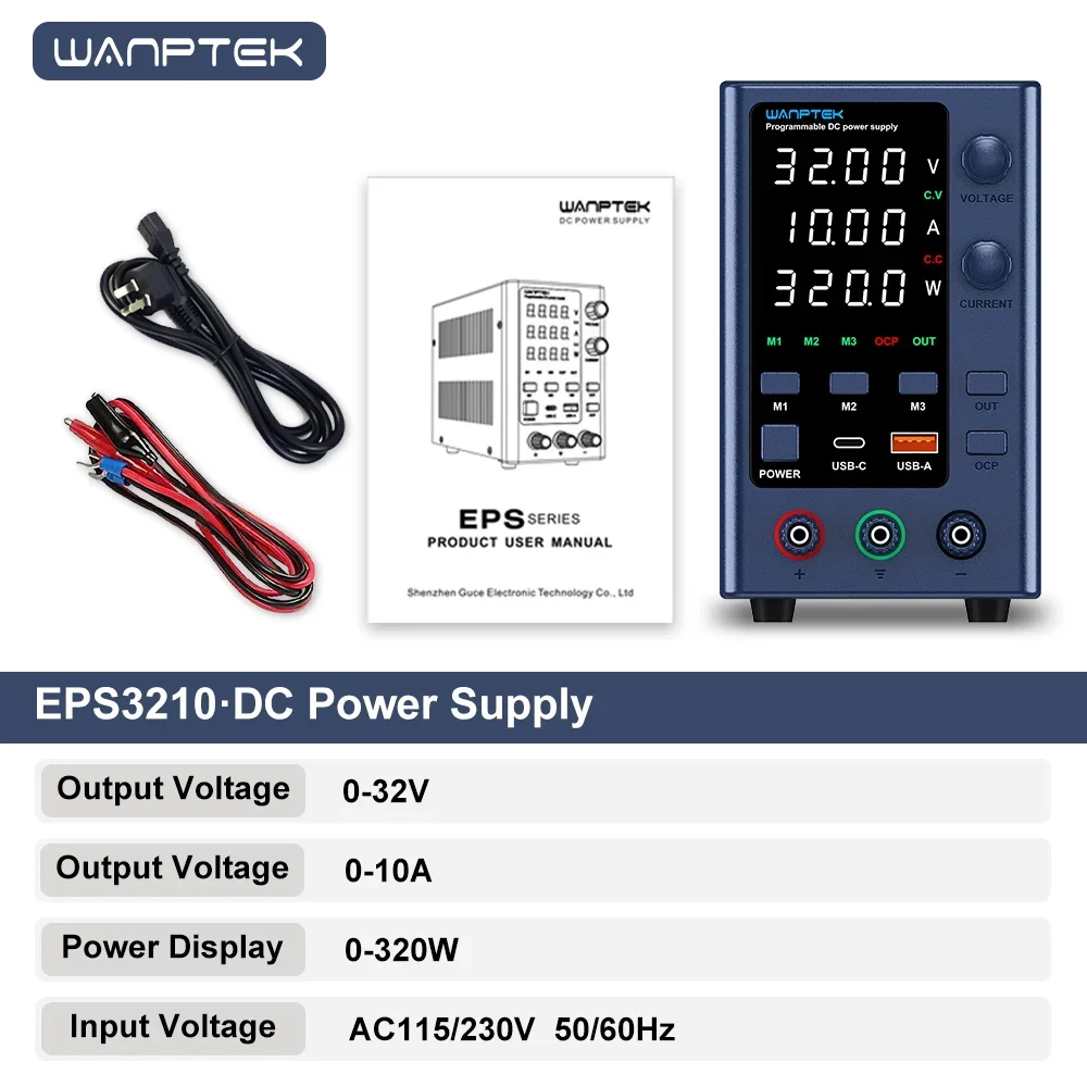 Wanptek Verstelbare laboratoriumvoeding 30V 10A 60V 5A met geheugenfunctie USB-A/Type-C snellaadpoorten Vooraf ingestelde stroominstellingen