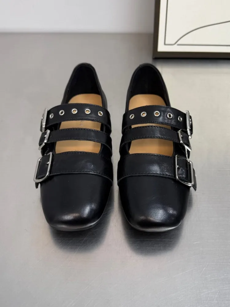 Vintage Women Spring Summer Casual Flats Shoes Buckle Strap Round Tow Cow Genuine Leather Shoes Comfortable Light Weight Flats