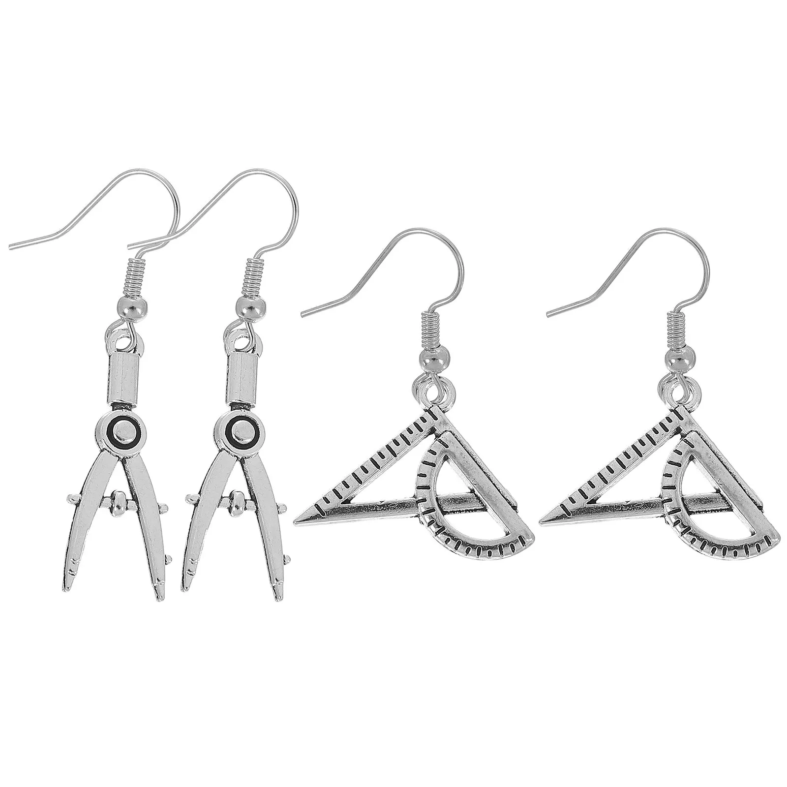 2Pairs Premium Alloy Triangle Ruler and Compass Earrings Dangler Fashion Jewelry for Ladies Everyday Wear Birthday