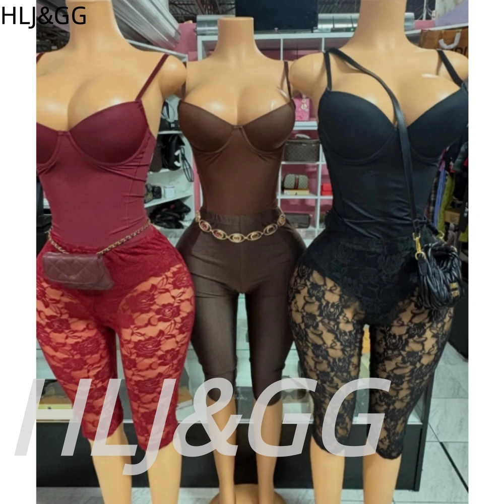 HLJ&GG Wine Red Sexy Deep V Bodycon Spaghetti Strap Bodysuits Two Piece Sets Women Sleeveless Top And Shorts Outfits Streetwear