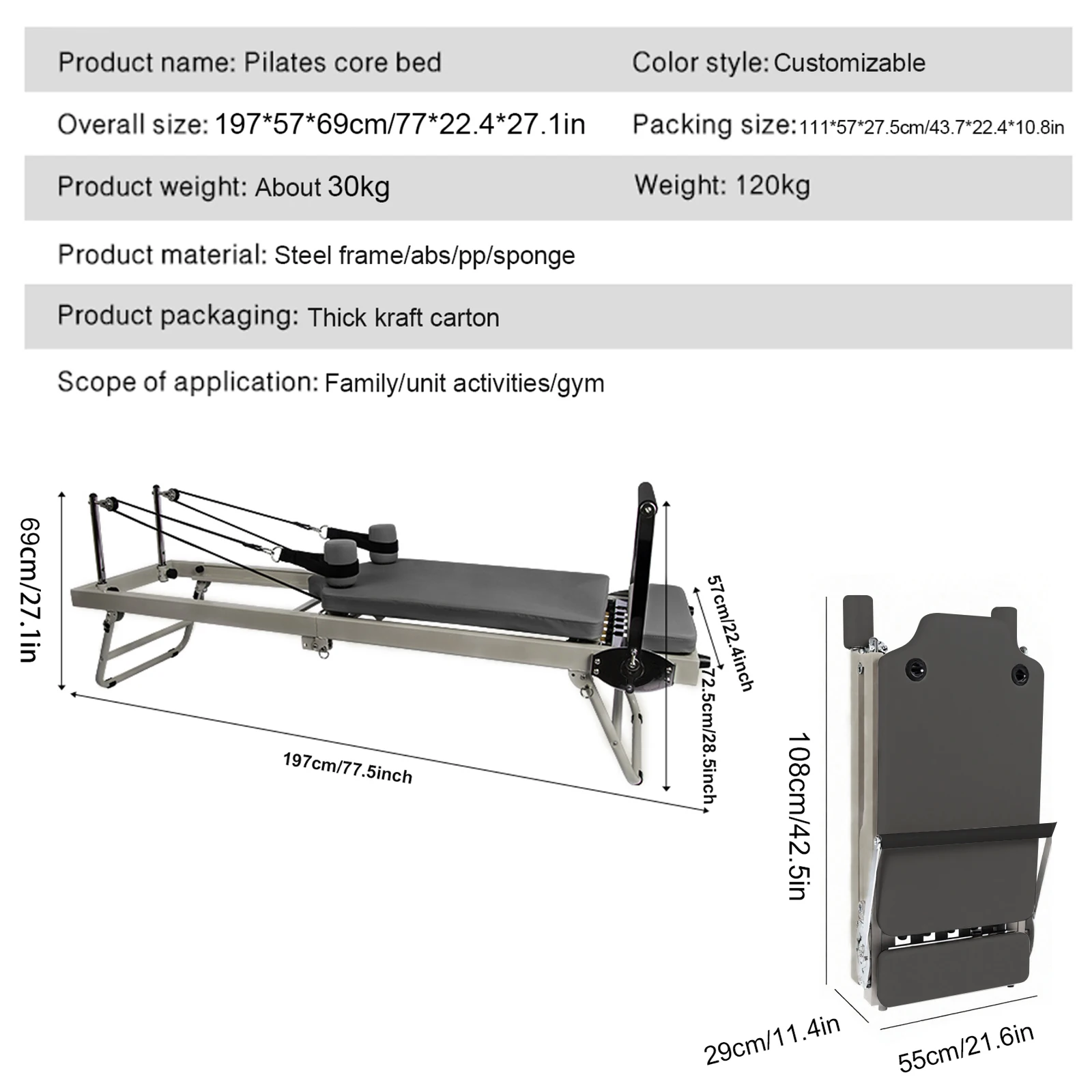 Opvouwbare Pilates Reformer, verstelbare Pilates-apparatuur voor thuis, 300 lbs draagvermogen, core training bed voor beginners