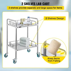 Stainless Steel Trolley Rolling Cart with Lockable with 360° Silent Wheels Utility 2 Layer Cart for Kitchen Salon