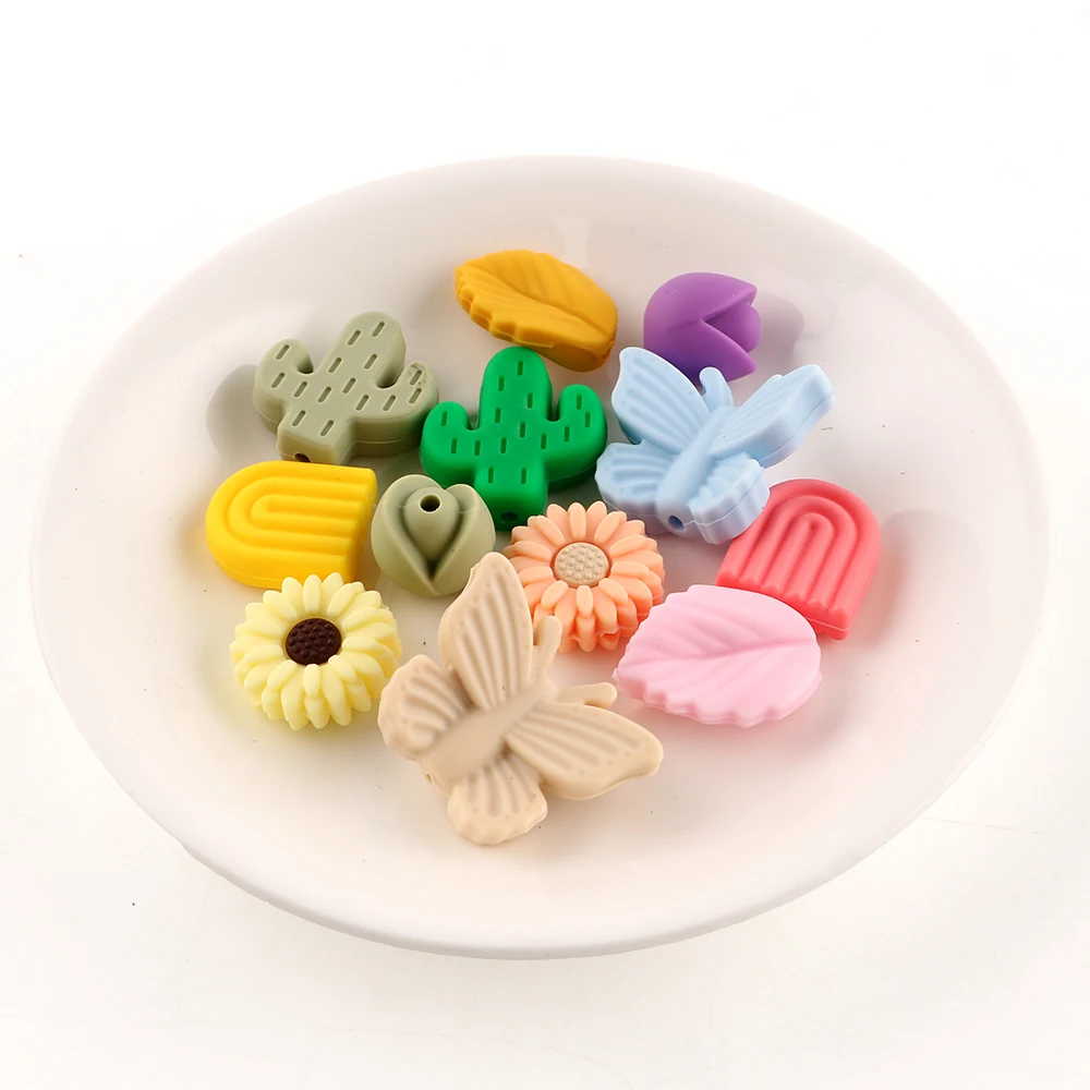 

50pcs Plant Series Leaves/Cacti/Flower Buds Silicone Focus Bead For Making Jewellery DIY Bracelet Necklace Earring Accessories