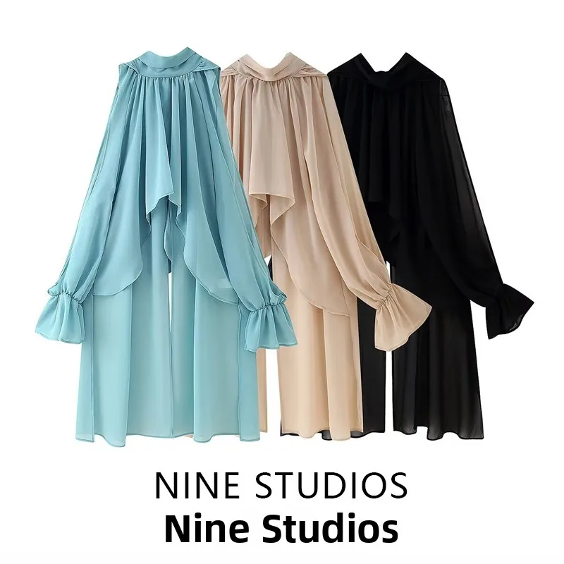

NINE ZA Women's Long Sve Chiffon Top Knot Decoration Pure Color Loose Fit Faionable Commute Sle Spring Autumn