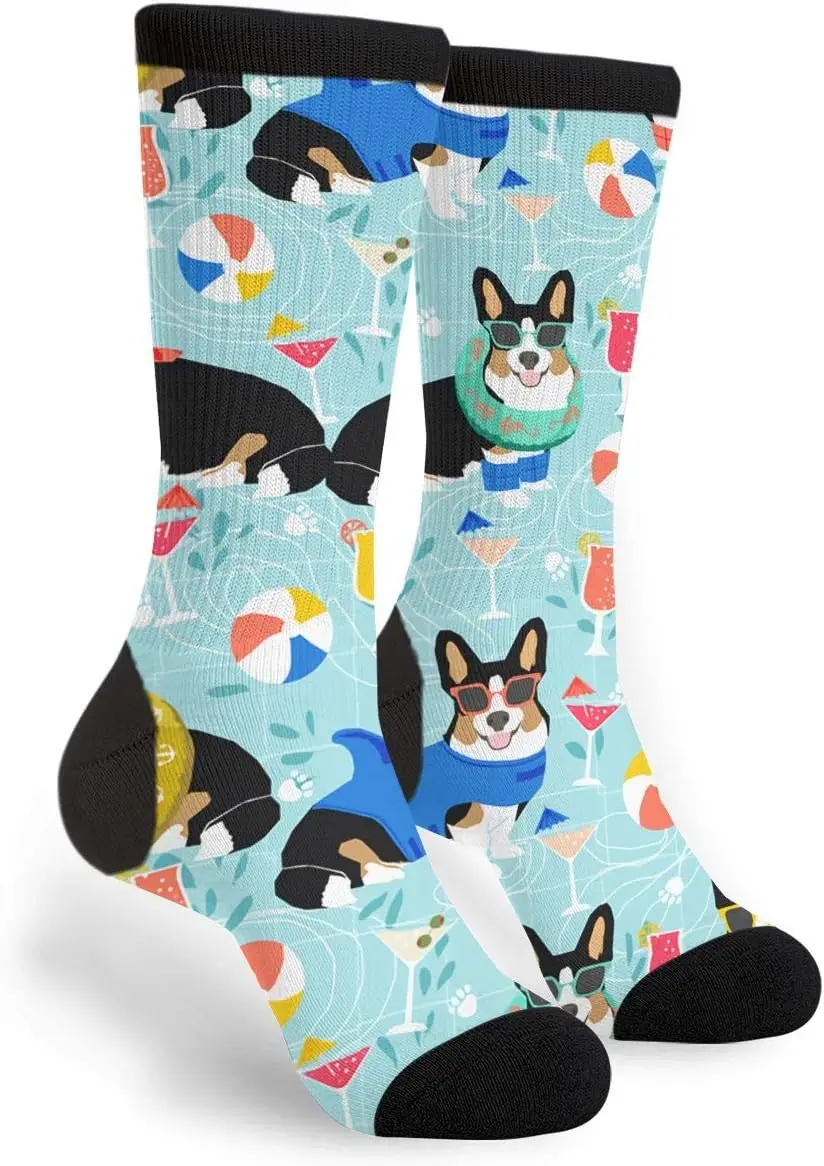 

Pool Party Dogs Unisex Fun Cool 3D Print Colorful Sport Novelty Crew Tube Socks, Black and White, One Size