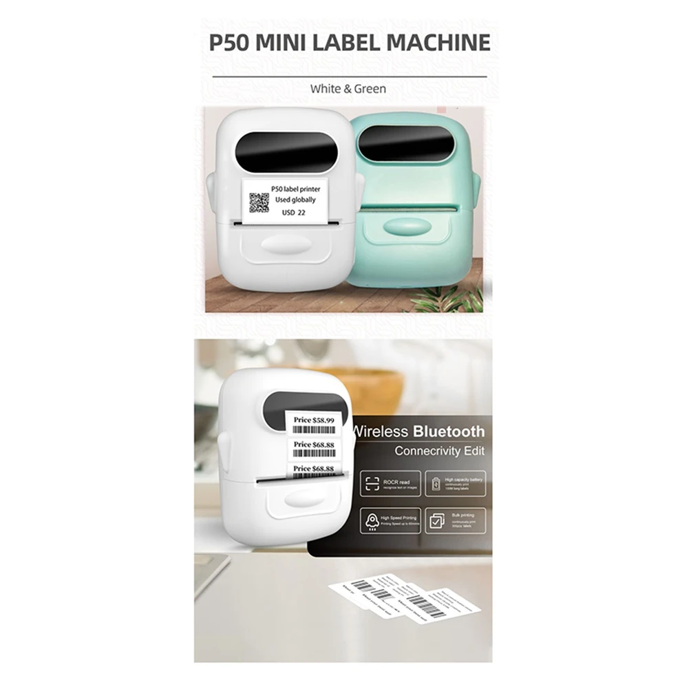 RISE P50 Термальный принтер этикеток Беспроводной самоклеящийся карманный Bluetooth-принтер этикеток Принтер этикеток со штрих-кодом без чернил