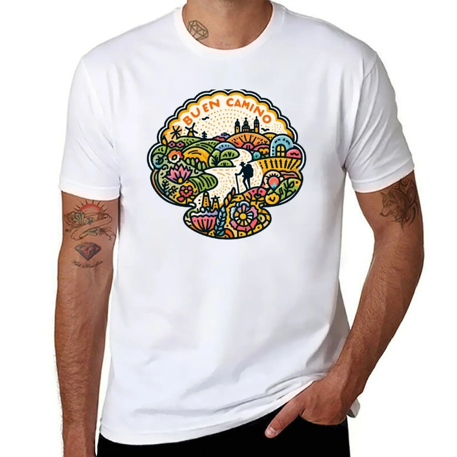 

BUEN CAMINO! Camino de Santiago - Shirt, Hat, Button, Pin, Sticker, etc T-Shirt man t shirts for men casual T-Shirt