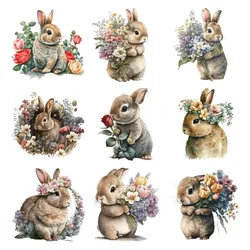 A rabbit and rose flowers Iron on Patches for Clothes Transfer DIY Transfers Ready to Press Patch Shirts Heat transfer stickers
