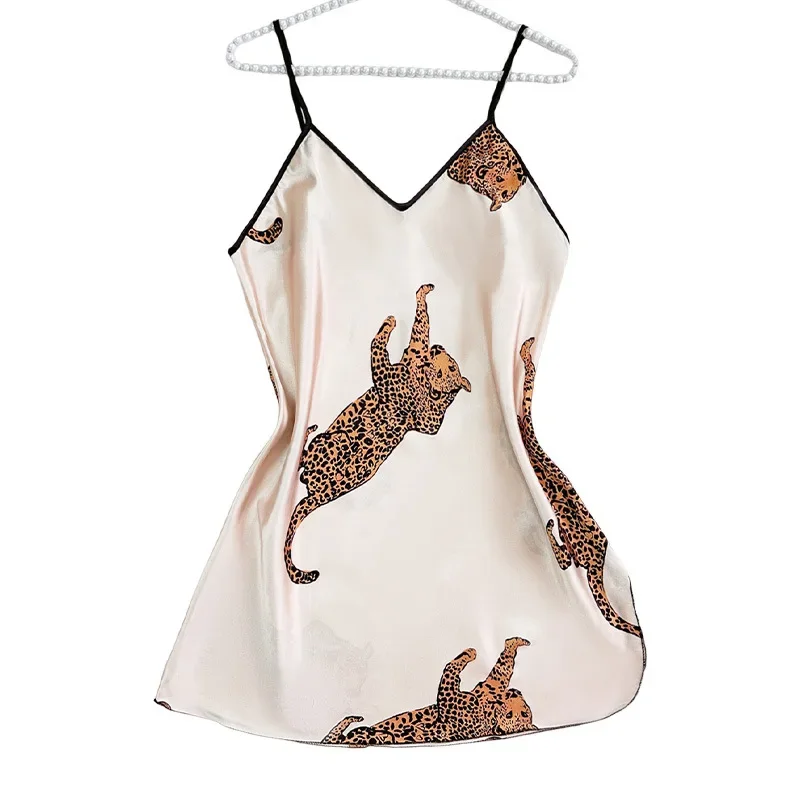 

Sexy Print Leopard Nightgown Women Chemise Sleepwear Intimate Lingerie Summer New Ice Silk Nightdress Home Clothing Nightie