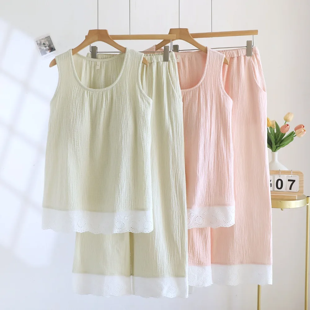 

Two Piece Thin Sleeveless Pajamas Woman Summer Sleepwear Cotton Home Suit Sleep Loose Lounge Pijama Wear Women's Home Clothes