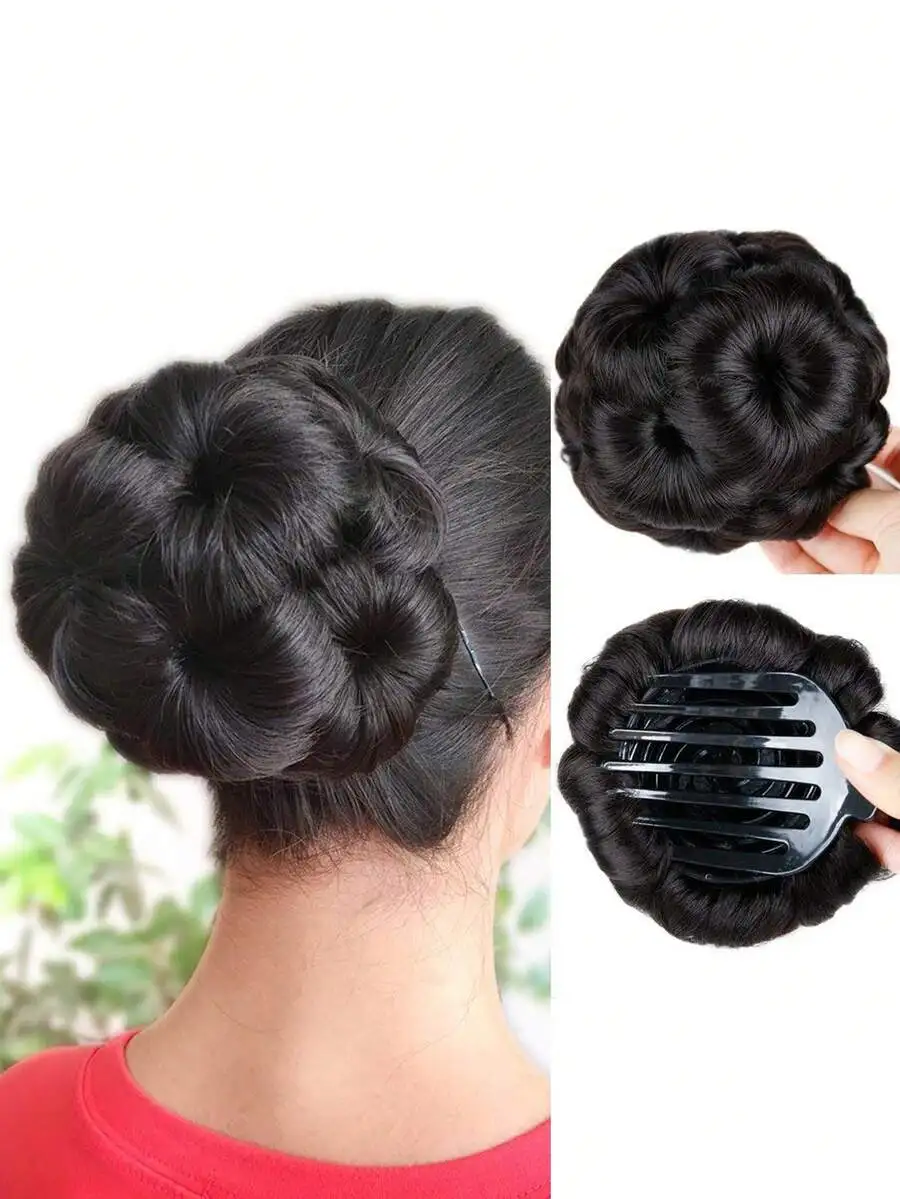 

Black Rose Bud Faux Hair Clip Synthetic Fiber Hairpiece Flower Claw Bun Extension Updo Accessory