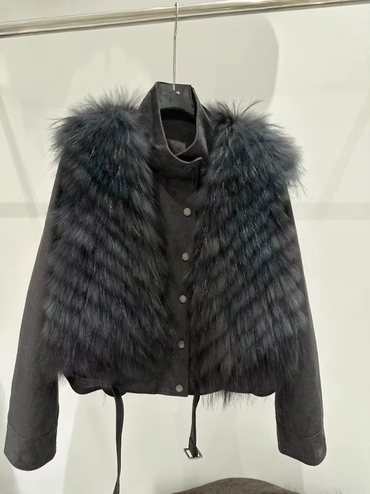 Women Genuine Fur Coat Ladies Short Stand Collar Jacket Long Sleeve Windproof Daily Winter Cold Weather Protection Outerwear