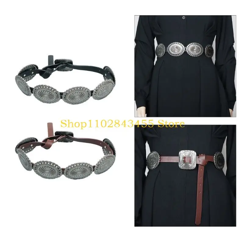 

49MC Этнический стиль с резной цветочной пряжкой на талии, тонкий пояс из искусственной кожи, регулируемое пальто, платье, и