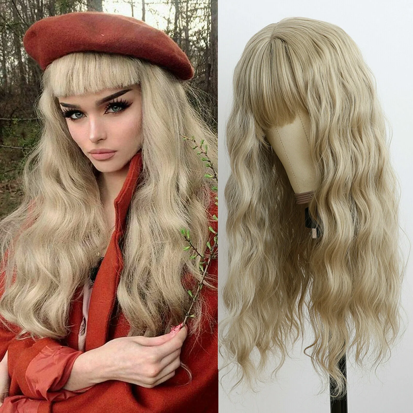 US Ash Blonde Synthetic No Lace Wigs, Heat Resistant, Natural Bangs, Party Cosplay Wig