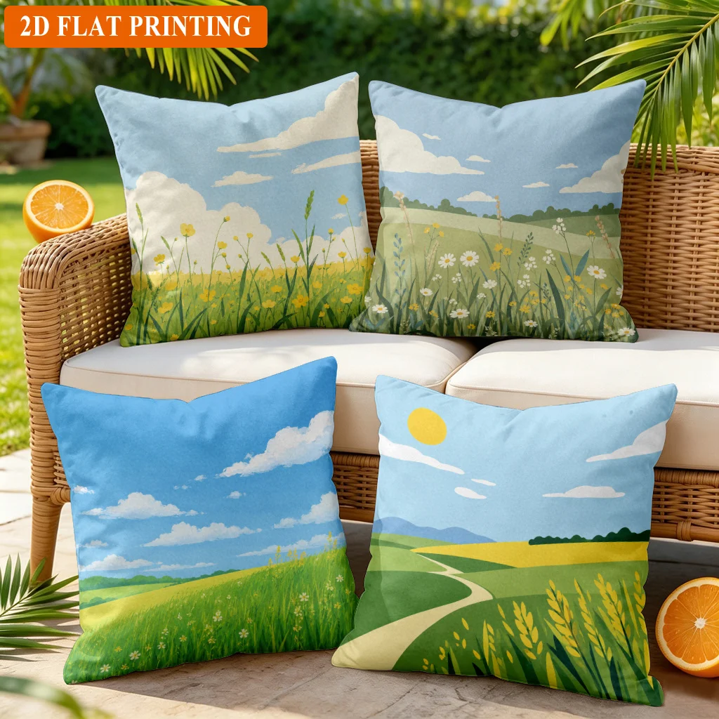 Decorative Spring Floral Meadow Landscape Throw Pillow Covers Cushions 2D Art Prints Home Decor Accent