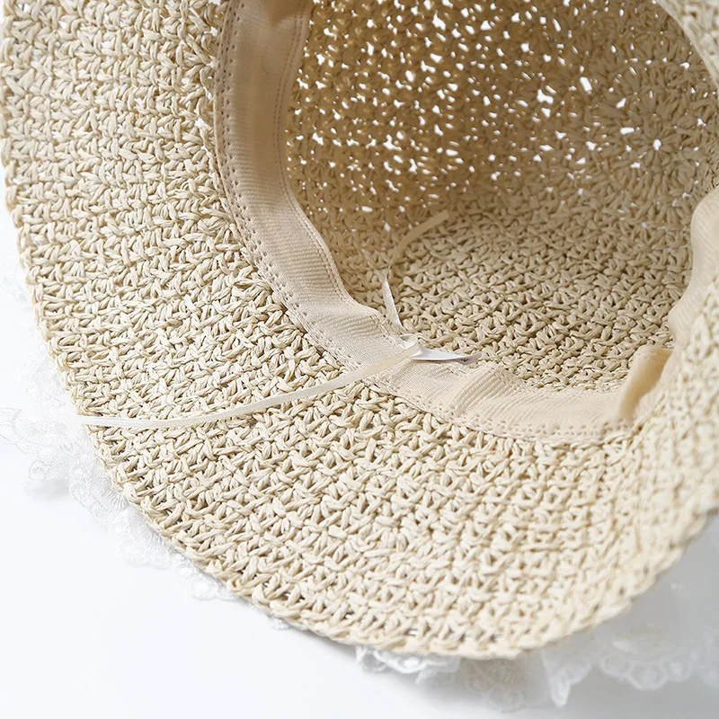 Cappello da pescatore Cappello estivo da donna Cappello da sole in paglia con fiocco in pizzo Cappello da pescatore Protezione solare a tesa larga Accessori da spiaggia per le vacanze al mare