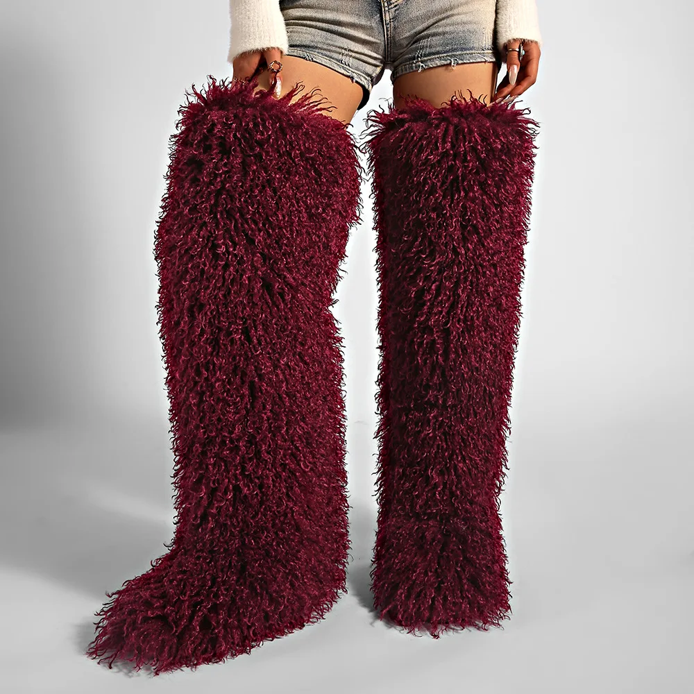 

72cm Winter Faux Mongolian Fur Long Snow Boots Warm Plush Platform Knee-High Boot Outdoor Furry Cute Over-The-Knee Girls Boots