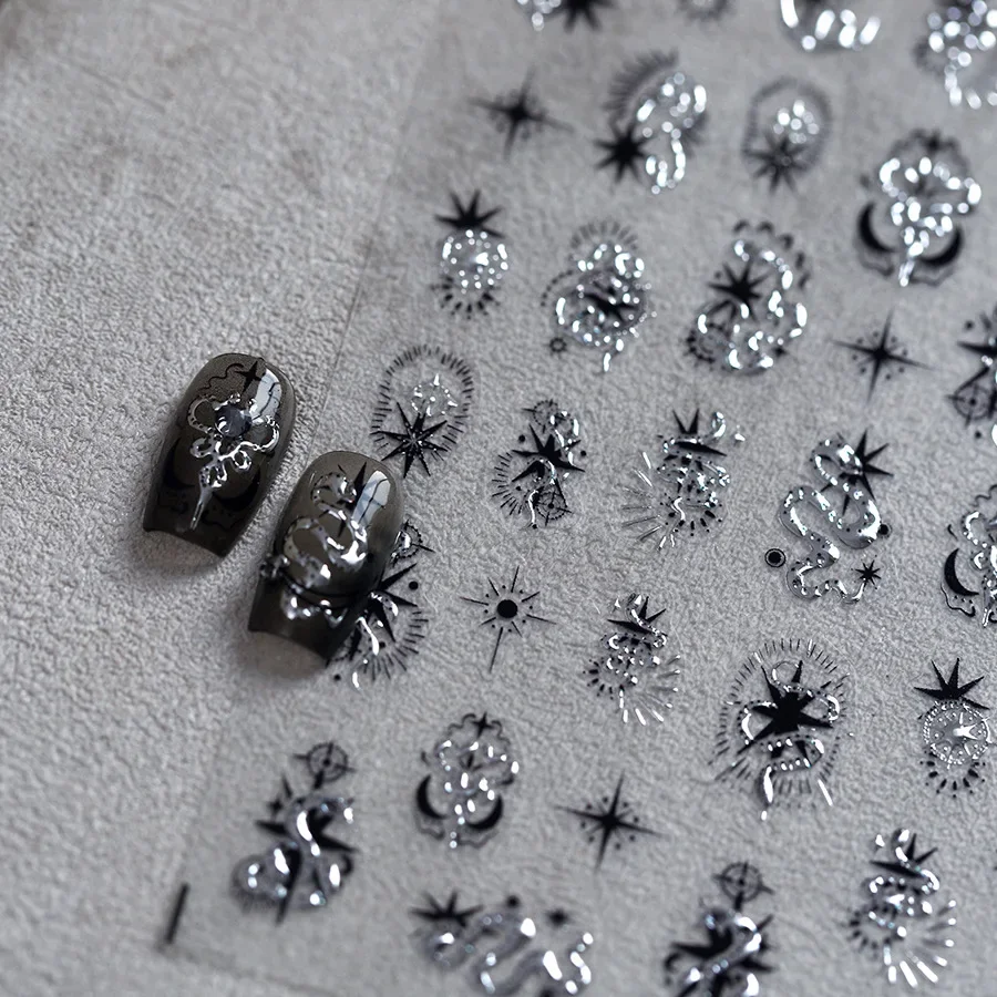 5D Gold Stamped Silver Sun Stars Snake Nail Art Stickers Totems Reliefs Self Adhesive Dark Chinese Style Manicure Decals
