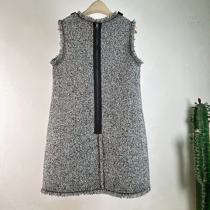 Black Round Neck Tassel Sleeveless Small Fragrance Dress Female Loose A Line Fashion Elegant High Quality Women Vest Tweed Dress