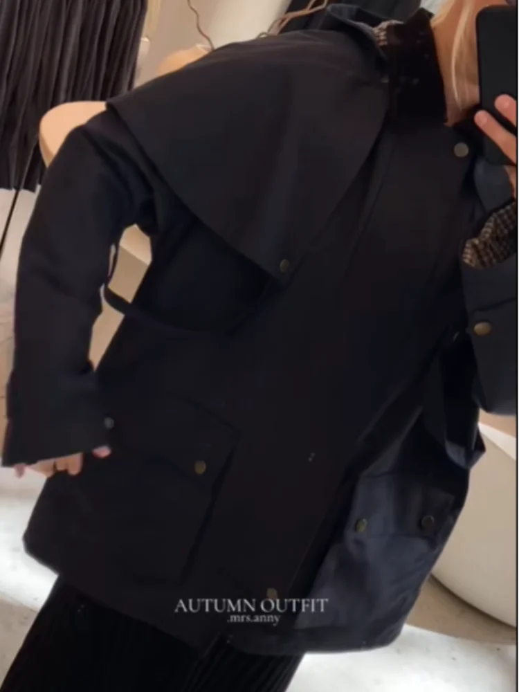 

Women's Casual Cloak Short Jackets Navy Blue Fashion Design Sense Style Detachable Hat Coats 2025 New Lady Autumn Streetwear