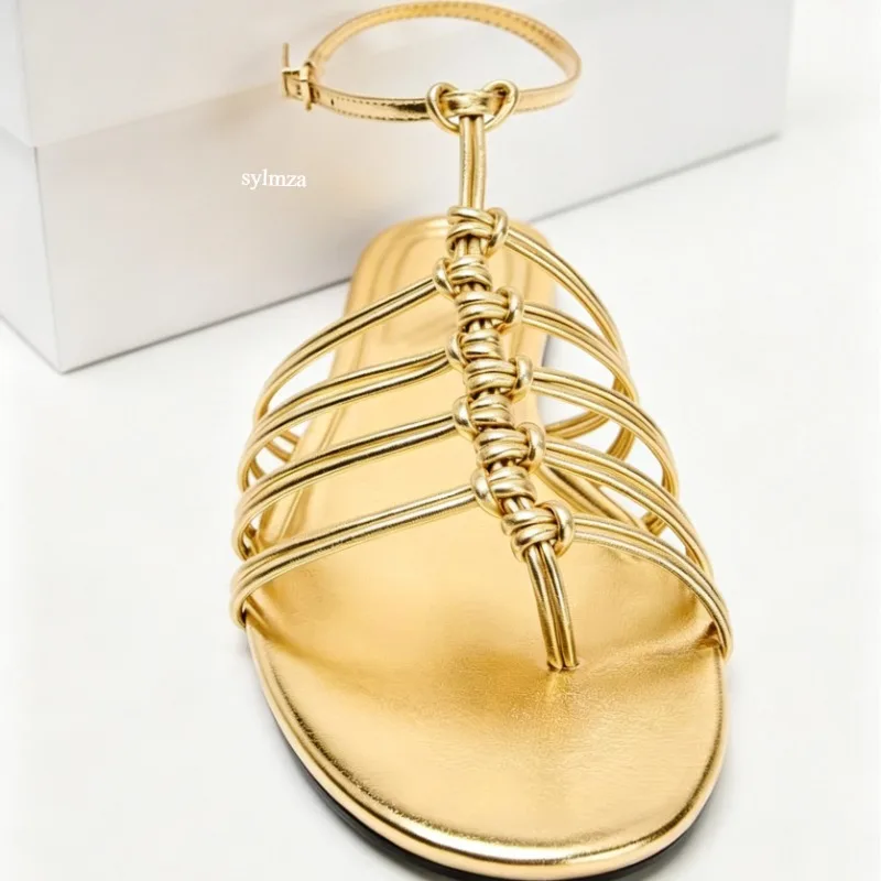 Metal Effect Flat Sandals Women Multi-straps Details Round Toe Casual Beach Shoes Femme Footwear Clip Toe Roman Sandals Women