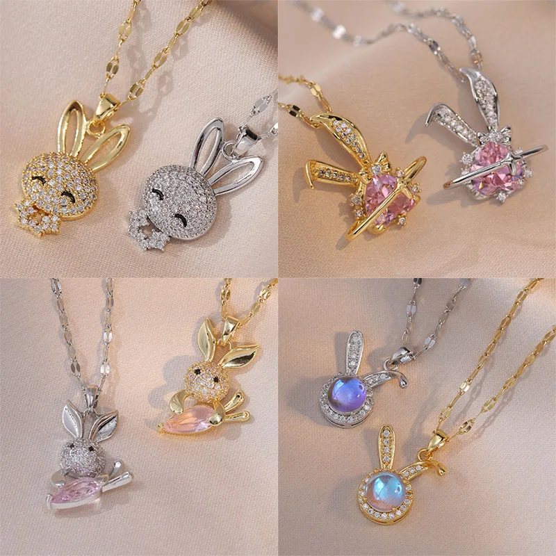 Light Luxury Zircon Bunny Butterfly Pendant Necklace Stainless Steel Trendy Rabbit Choker Jewelry Party Gifts For Women Girls