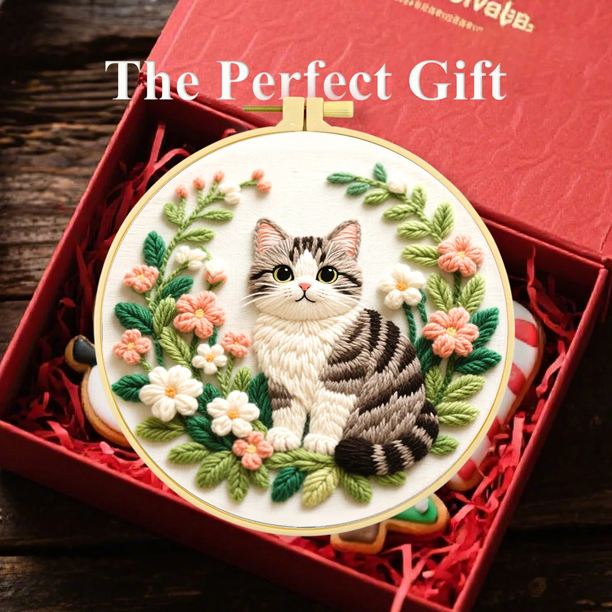DIY Hand Embroidery Set, Grey Cat Floral Pattern, Quality Threads & Needles, Complete Craft Kit for Adult Home Decor