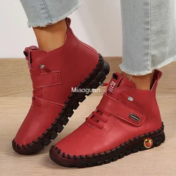 PU Leather Red Boots Woman’s Soft Bottom Autumn Winter casual Shoes Plus Size Fleece Ankle Boot for Women non-slip classics 2025