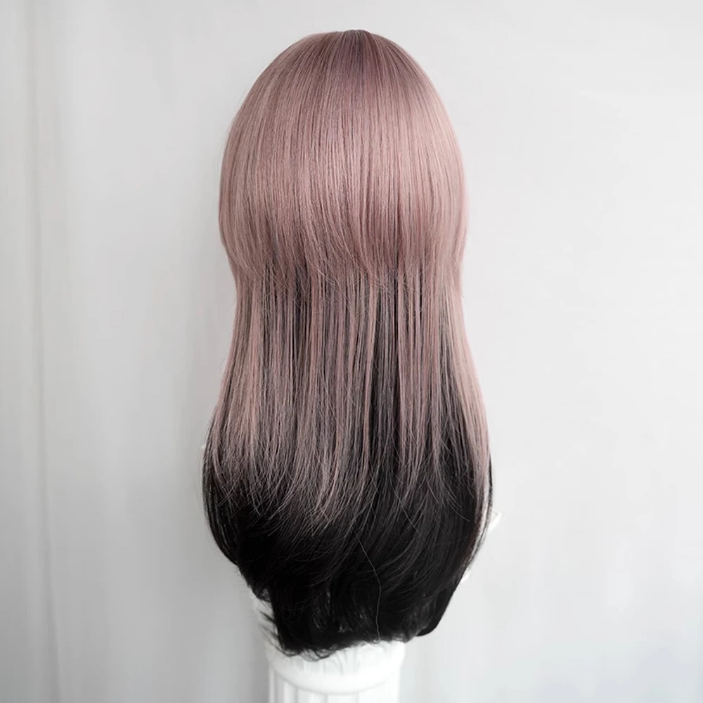 Synthetic Long Straight Ombre Purple Grey Black Jellyfish Head Wig Fluffy Lolita Cosplay Hair Wig with Bangs for Daily Party