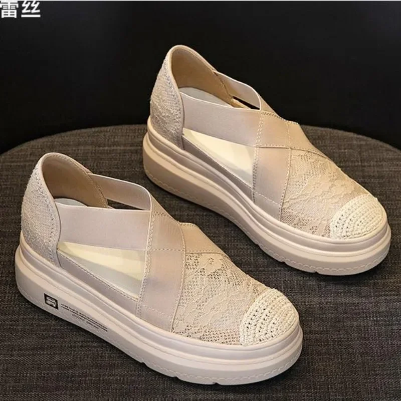 7cm Air Mesh Platform Wedge Flats Lace Breathable Comfy High Brand Summer Spring Fashion Chunky Sneaker Autumn Casual Shoes