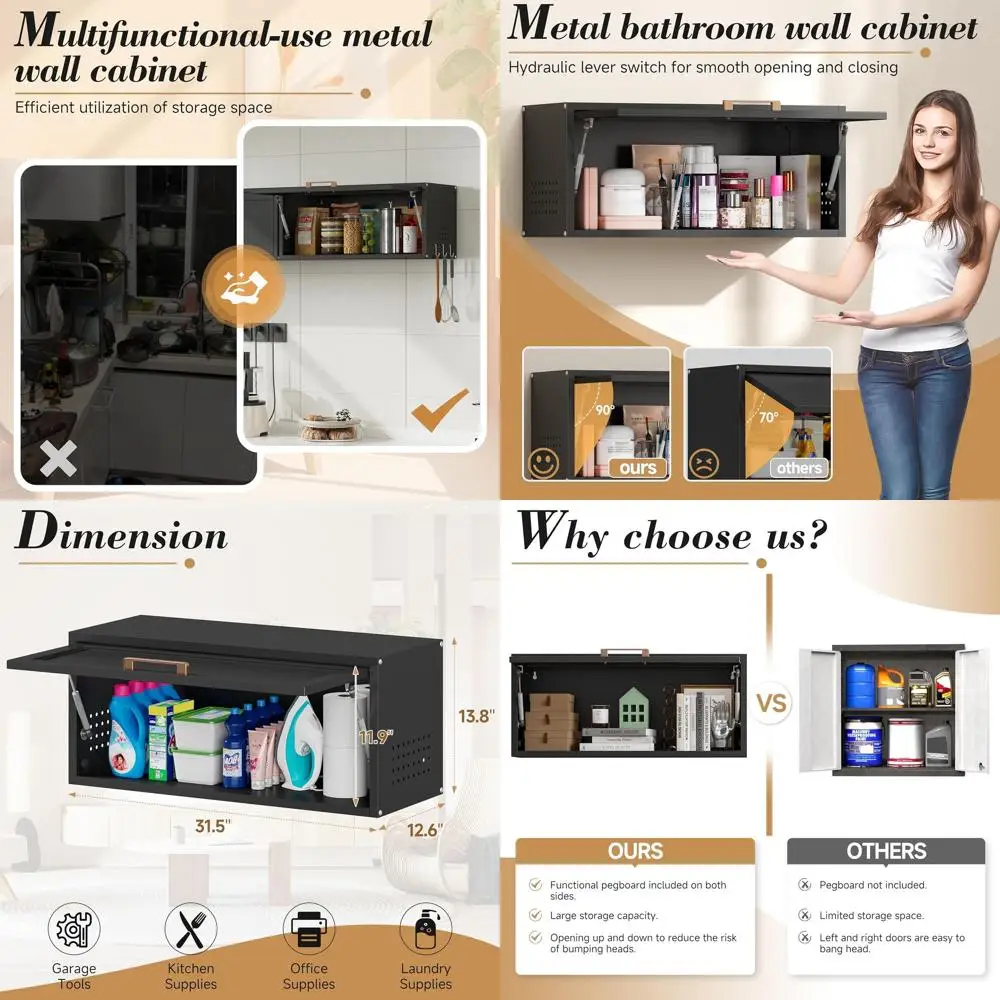 

Black Wall-Mounted Metal Cabinet with Door and Pegboard for Storage in Laundry Room, Bathroom, Kitchen, and More