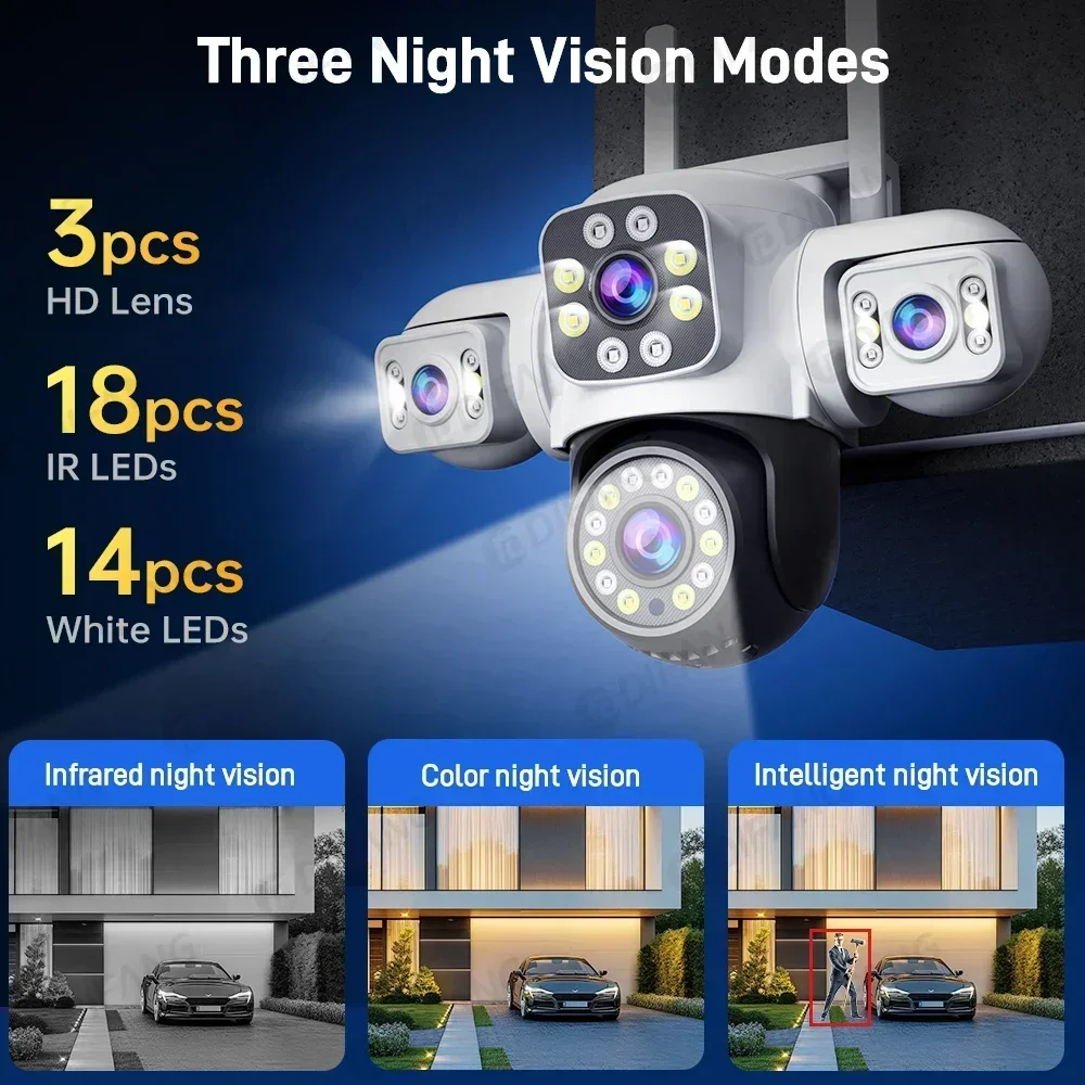 6K UHD WiFi Camera Three Lens Three Screen Video Surveillance PTZ Auto Tracking 12MP  Yoosee Wireless CCTV Security Camera