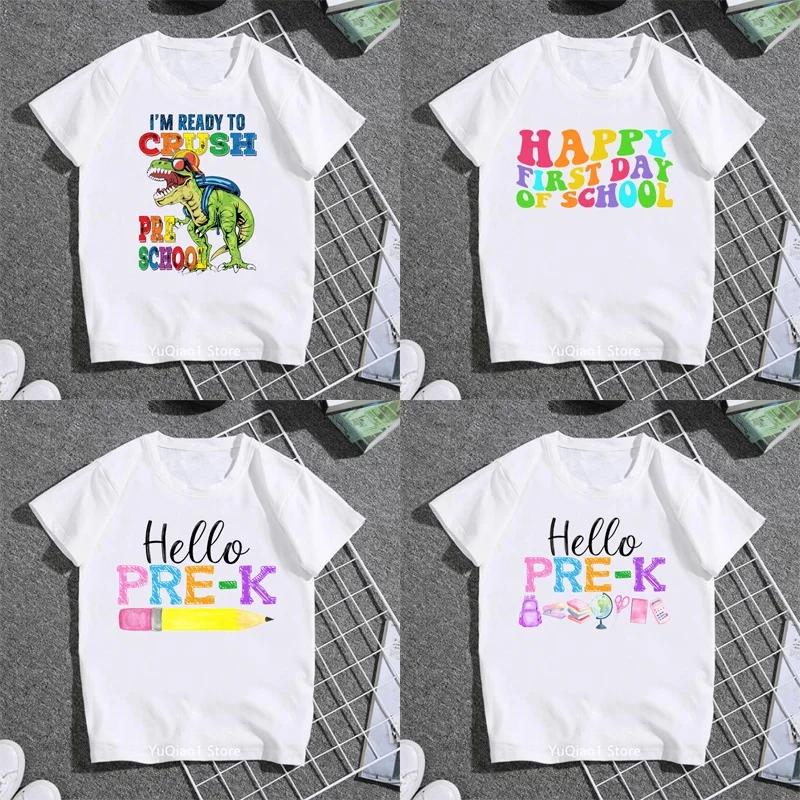 

Hello Preschool Children's T-shirts White Casual Pre K First Day of School T Shirts Lovely Back To School Graphic Tees