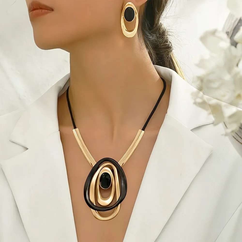Creative Exaggerated Multi-layer Oval Ring Pendant Necklace Earring Set for Women Fashion Party Jewelry Sets Accessories Gifts