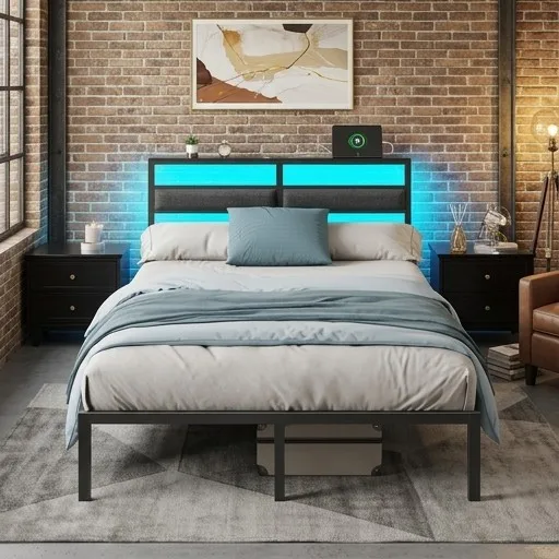 

Full Size Bed Frame with LED Lights & Charging Station, Black Metal Platform with Headboard and