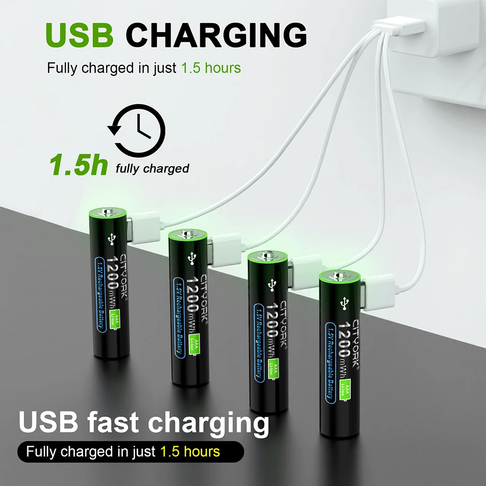 CITYORK 1.5V AAA 1200mWh Li-ion rechargeable Battery, USB-C fast charging Battery For toy keyboard Remote control wireless mouse